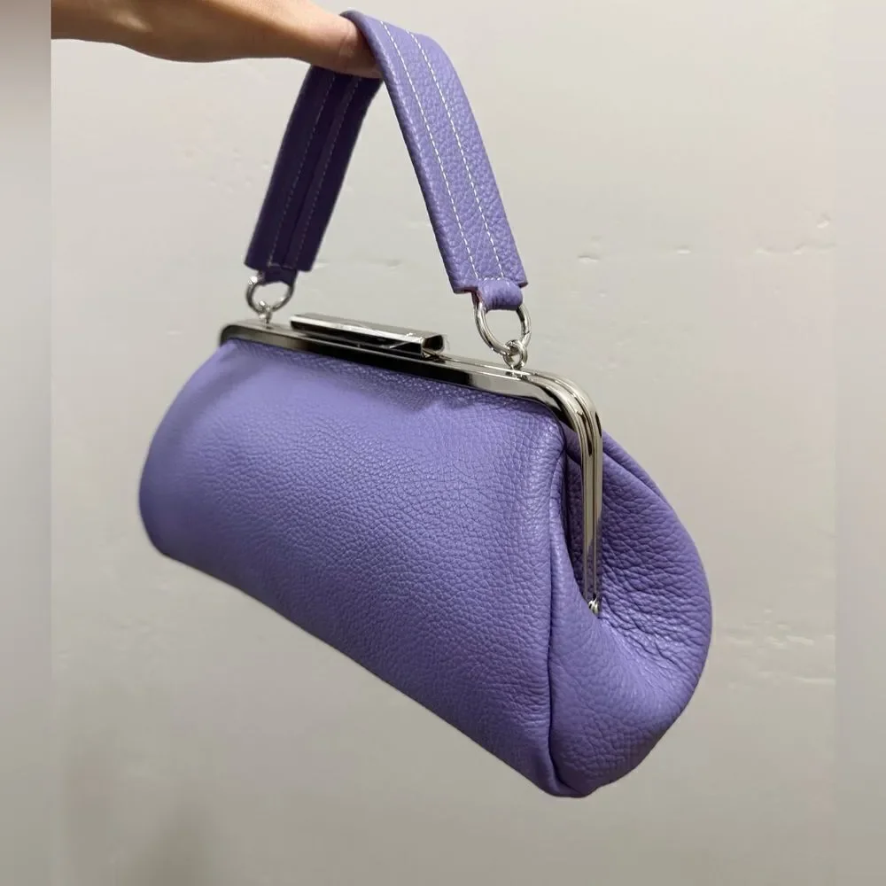 Purple Pebble Calfskin Leather Handmade Push Lock Baguette Bag, Multi Use Style